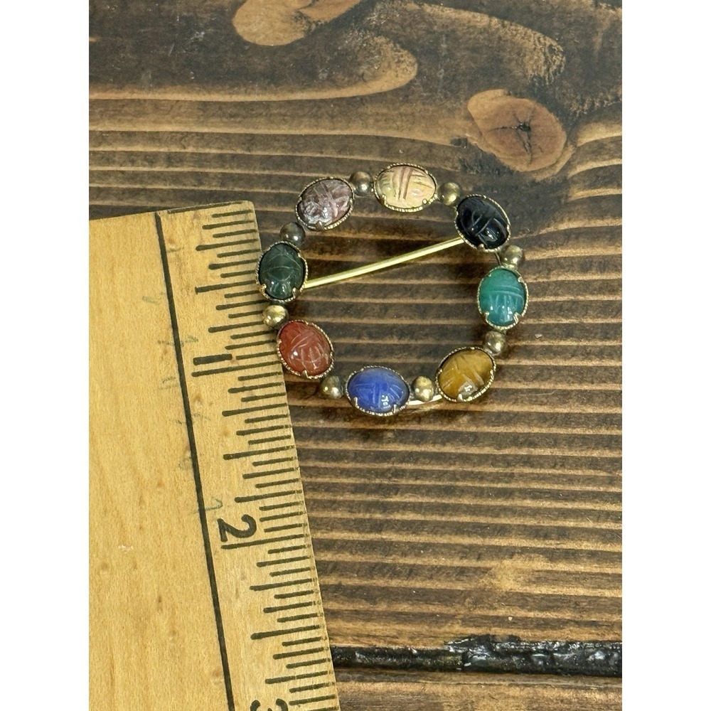 Vintage 12K Golf Filled 8 Carved Stone Scarab Brooch Pin - Picture 2 of 6